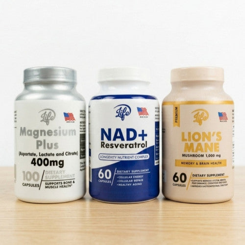 Pack 3 Suplementos 4Life - Magnesium Plus, NAD+ Resveratrol & Lion's Mane