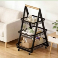 Organizador de 3 niveles con ruedas y asa de madera color negro